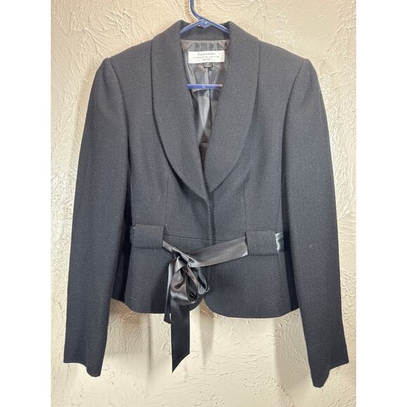 Tahari Tweed Satin Belt Stone Snap Belt Fitted Blazer Jacket‎ Petite 2 Black - Picture 2 of 6